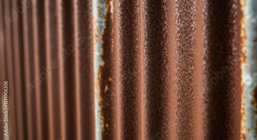 Corrugated metal sheet background, rusty texture, industrial chic, worn and authentic.
