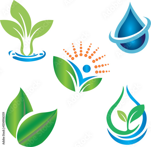 Eco-themed design set featuring green leaves, blue water droplets, sun rays, and nature symbols expressing sustainability, freshness, and harmony with the environment.