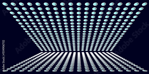 Fototapeta Naklejka Na Ścianę i Meble -  Futuristic 3D room with glowing blue dots on ceiling and floor creating a digital tunnel effect.