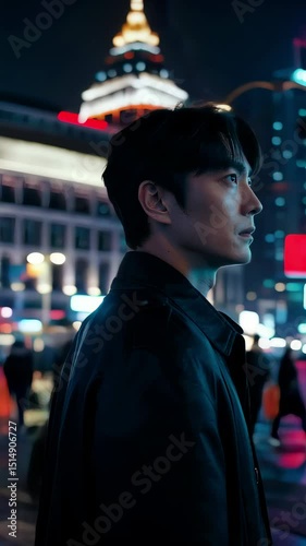 Lone Black Man Standing Still in Neon Lit City Street at Night Surrounded by Blurred Crowds and Cold Lights Reflecting Isolation Loneliness and Urban Detachment

