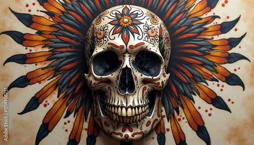 Decorated Skull with Feather Burst