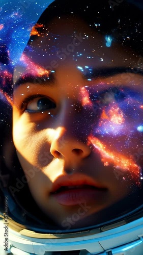 Beautiful Astronaut Gazing Into a Massive Nebula Explosion Disintegrating in Deep Space with Sparkling Particles and Cosmic Dust Swirling in the Galactic Void