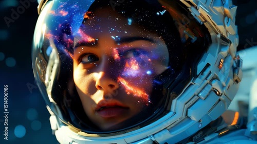 Beautiful Astronaut Gazing Into a Massive Nebula Explosion Disintegrating in Deep Space with Sparkling Particles and Cosmic Dust Swirling in the Galactic Void