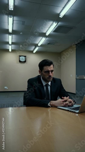 Man in Suit Sitting Alone at Long Empty Conference Table Under Flickering Lights Hands Resting on Closed Laptop with Distant Thoughtful Gaze in Sterile Office, Burnout Concept, Stressfull Work