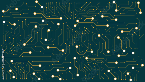 Thin circuit trace lines in golden on a dark green technology background. Abstract digital tech background. Electronics and computer technology concept. Chip and circuit board.