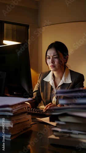 Woman in Tailored Suit Sitting Alone at Desk in Computer Screen Glow Hesitating Over Keyboard Surrounded by Paper Stacks in Quiet Office with Distant Burdened Expression, Burnout Concept