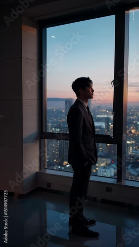 Suited Man Standing Alone in Sleek Modern Office by Large Window Overlooking Sprawling Cityscape Reflection Merging with City Lights and Distant Office Sounds