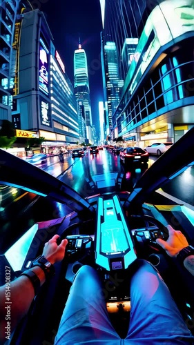 POV of Mecha Pilot Inside Futuristic Cockpit Moving Through Crowded Neon Tokyo City Vibrant Colorful HUD Elements Dynamic Cyberpunk Urban Environment
