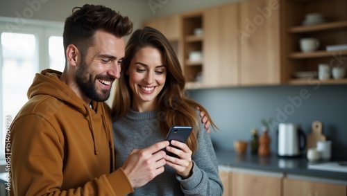 Couple caucasian man and woman husband and wife or boyfriend and girlfriend use mobile phone and credit card shopping online buy stuff or pay make payment booking e-commerce from home real people