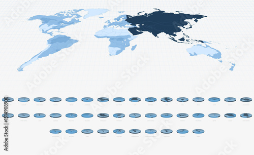 Asian Country Maps in Circular Isometric Style, Blue Tone.