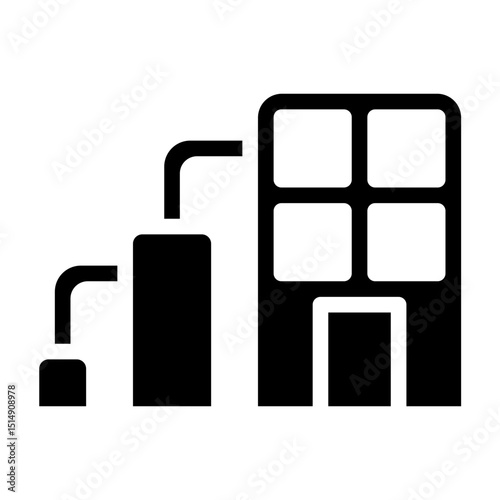 Large building with a lot of pipes and a large tank. The building is black and white