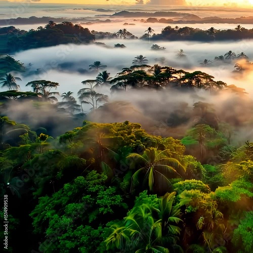 Wide Aerial View of Dense Misty Jungle at Sunrise with Golden Light Streaming Through Treetops in Realistic Animation Capturing the Lush Canopy and Morning Atmosphere
