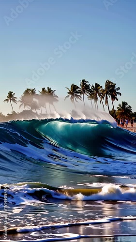 Crashing Waves at Beautiful Tropical Beach with Sunlit Palm Trees Splashing Water and Vibrant Coastal Scenery Relaxing Seaside Atmosphere