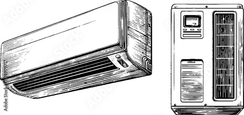 Detailed engraved illustration set of air conditioning units for design use