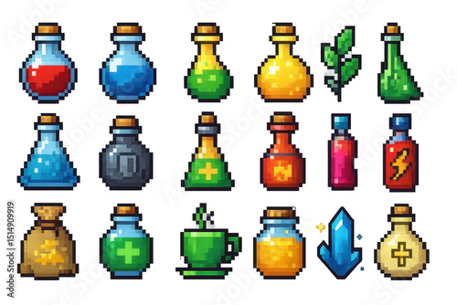 Colorful Potion Bottles and Magical Items in Pixel Art Style