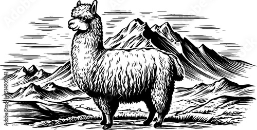 Engraved illustrations of alpaca in mountain pasture setting