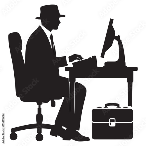 single parson office work on computers clean one  silhouettes  and Graphic, vector black color silhouette 