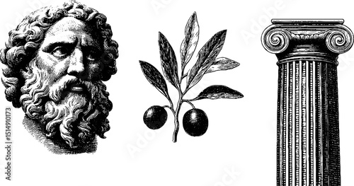 Engraved set of ancient bust, olive branch, and classic column illustration