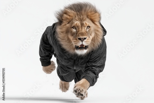 A muscular lion in a premium black tracksuit running on white background, 4K animal fitness, athletic wildlife, luxury sportswear