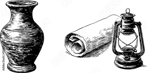 Engraved illustration of ancient vase and oil lamp with scroll elements