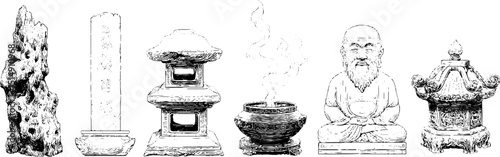 Set of engraved illustrations featuring ancient statues and artifacts