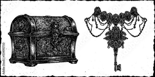 Engraved antique jewelry and ornate chest illustration for vintage design