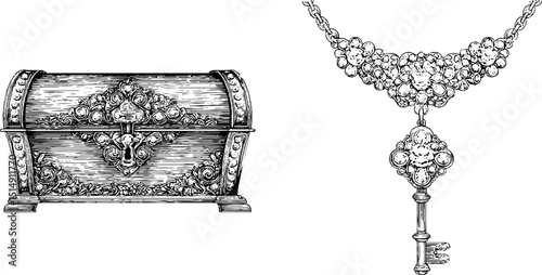 Engraved antique jewellery set featuring chest and necklace key design for historical art décor