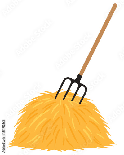 Rustic Pitchfork Resting on a Pile of Freshly Harvested Hay on a Farm