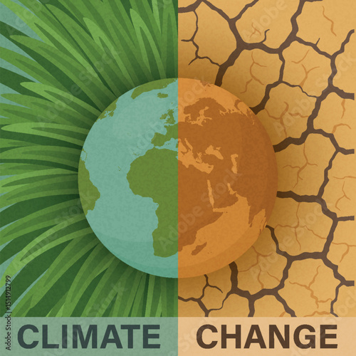 Climate Change, Vector Illustration. Climate Crisis, Climate Concept Design. Earth Split in Green and Dry Climate. Global Warming, Drought, Ecology Poster, Environmental Banner