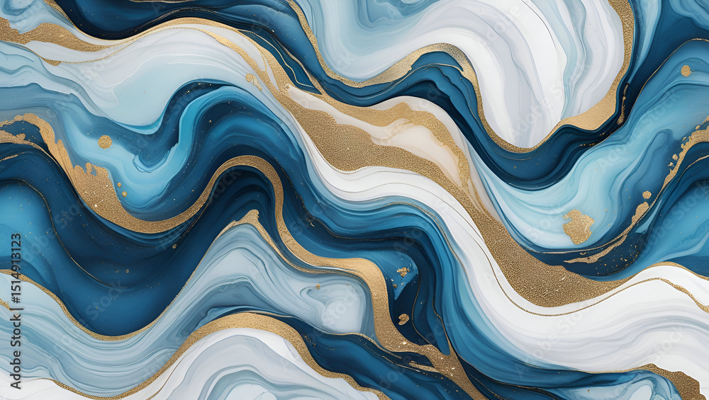 Fototapeta premium Abstract fluid art with blue white and gold accents