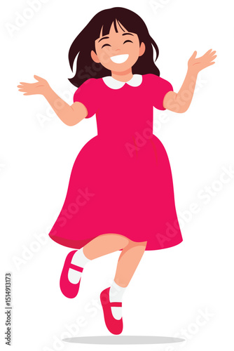 Joyful Girl Jumping in Pink Dress Celebrating Happiness and Freedom in Childhood Moments