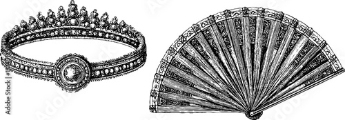 Vintage engraved jewelry and fan set for classic design concepts