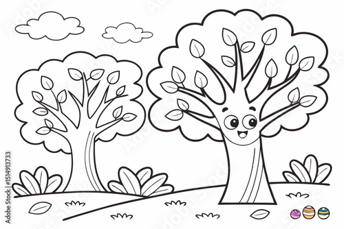 kids coloring page, trees, cartoonish, friendly, thick outlines, no color