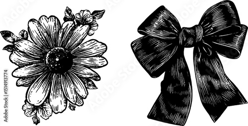 Intricate engraved illustrations of bejewelled hairpin and elegant bow design for artistic inspiration