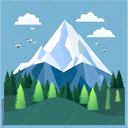 Mountain Peak Vector: A majestic mountain peak covered in snow rises above a lush forest with birds flying under the sky.