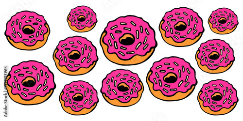 Vector color horizontal banner with bright fresh donuts on a white isolated background