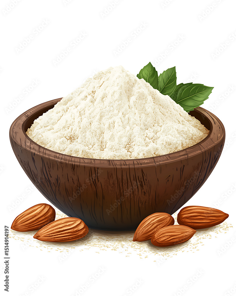 Fototapeta premium Realistic and artistic representations of almonds, almond farming, processing, and almond-based products like milk, butter, and oil isolated on a white background.