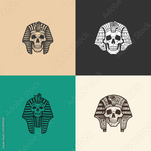 Set of pharaoh skull engraving style logo design vector vintage