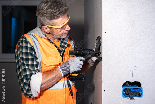 Focused Electrician Using Power Drill to Secure Wall Panel During Renovation Work