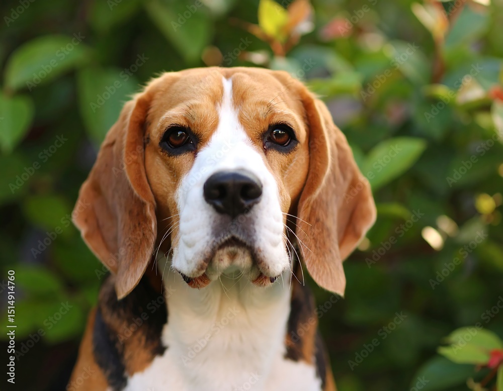 Beagle portrait in garden setting Beagle portrait in garden setting