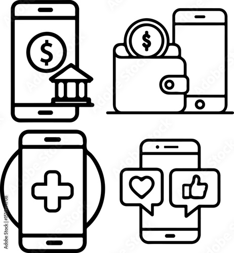 Mobile Banking, Digital Health and Social Media Icons