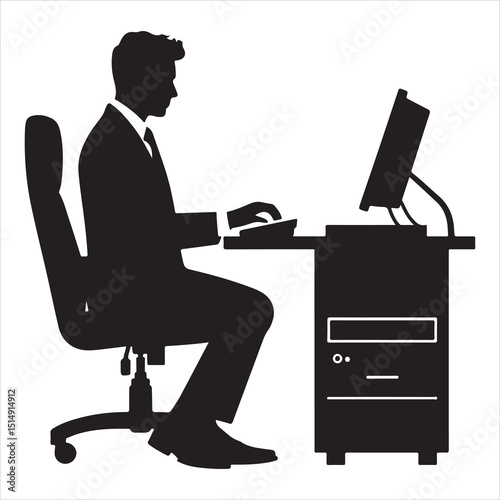 single parson office work on computers clean one  silhouettes  and Graphic, vector black color silhouette 