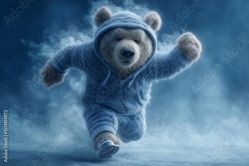 A polar bear in a frost-blue track suit running on ice, cool tones, powerful motion