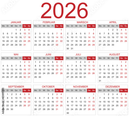 Modèle de calendrier 2026 pour agenda, planificateur, organiseur avec mois et semaines en allemand - textes vectorisés et non vectorisés sur calques séparés