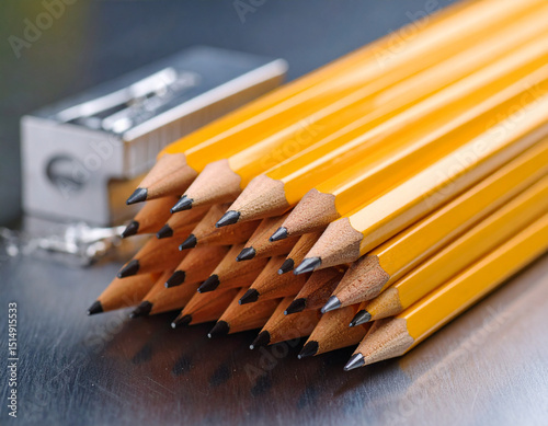 Freshly sharpened pencils arranged in a vertical stack beside an eraser on a metal tabletop.