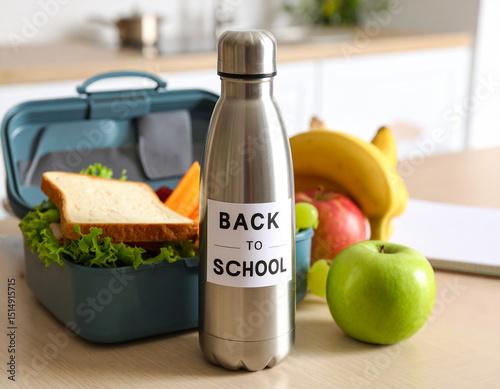 A stainless steel water bottle labeled 