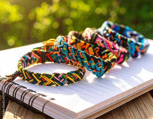 Colorful friendship bracelets lie on a notebook, representing social connections and friendships at school.