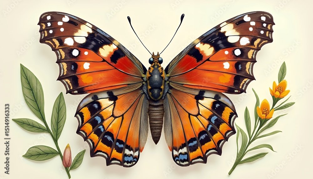 Fototapeta premium Butterfly with Orange Wings and Flowers