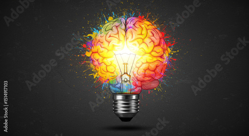 Artistic brain bursting with colors and lightbulb illustrating bright creative thinking
