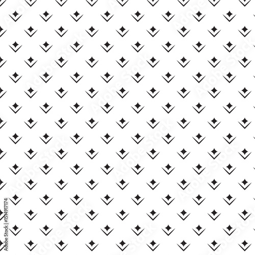 Black and white vector seamless pattern with small diamonds , star shapes ,rhombuses .Abstract black and white geometric texture .Simple minimal wide repeat background .
